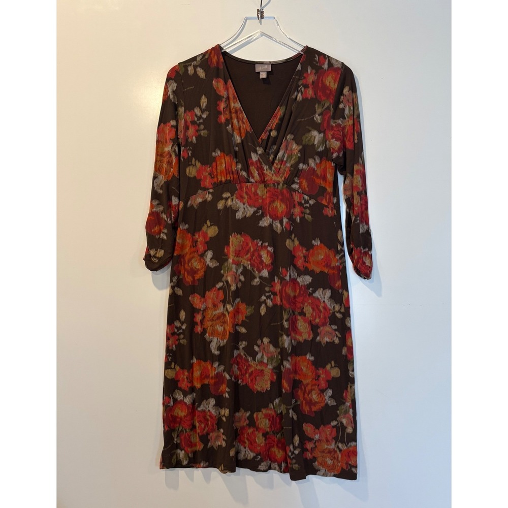 J. Jill Floral V-Neck Empire Waist Midi Dress Brown Orange Womens Size PS